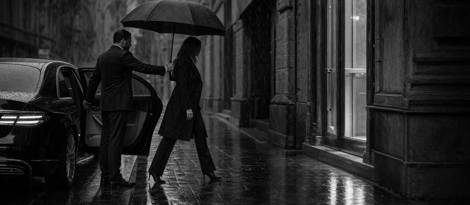 Chauffeur holding an umbrella over a client stepping out of a luxury sedan in the rain