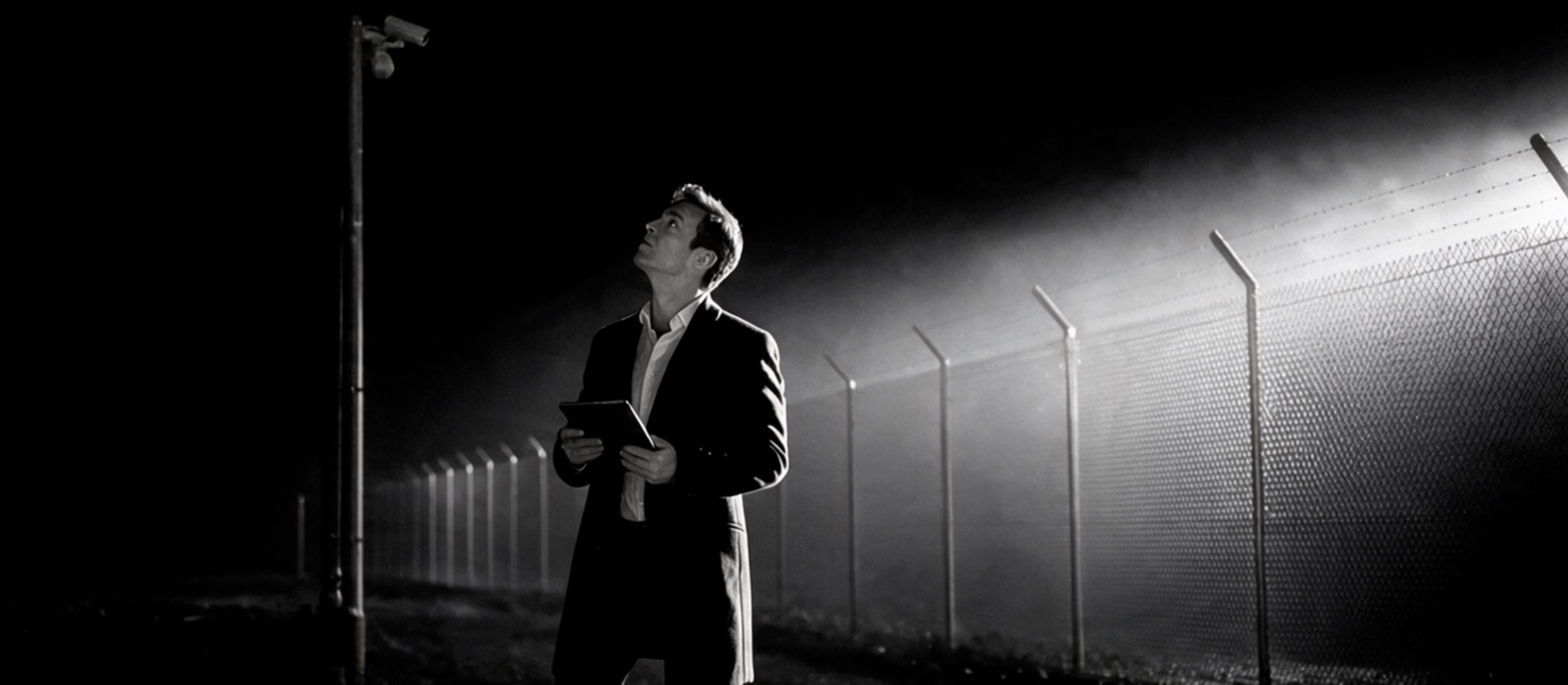 Security consultant with a tablet auditing a CCTV camera along a floodlit perimeter fence at night